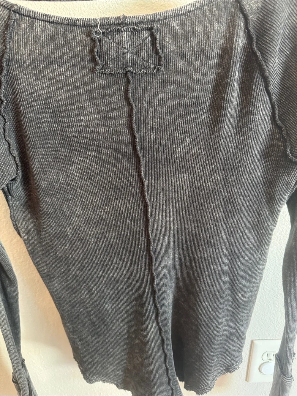 Free People Washed Black Ribbed V-Neck Long Sleeve Top